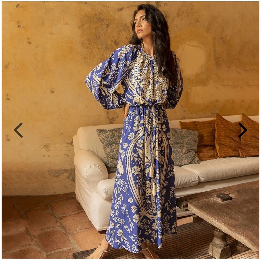 Blue and Cream Boho Floral Maxi Dress with Tie Waist